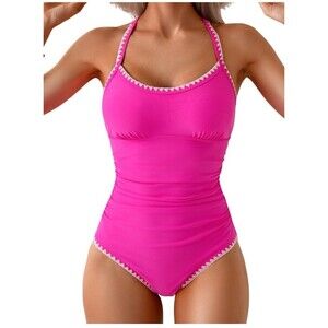 EOMENIE Women's Pink One Piece Swimsuit Ruched Halter Contrast Trim, Size S